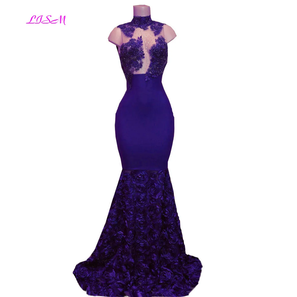 Luxury 3D Petal Flowers Mermaid Evening Dress Sexy High Neck Appliques Bead Long Formal Gowns Illusion Bodice Satin Prom Dresses