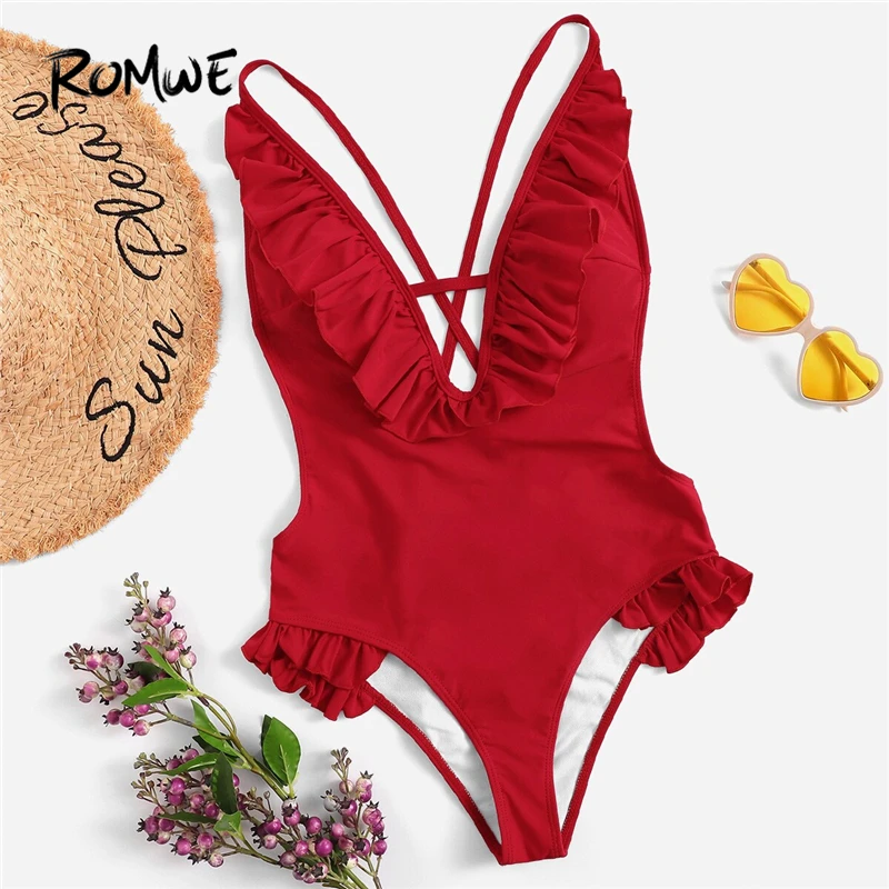 

Romwe Sport Red Bright Solid Monokinis Ruffle Deep-V Criss Cross Backless One Piece Swimwear Women Summer 2019 Sexy Swimsuit