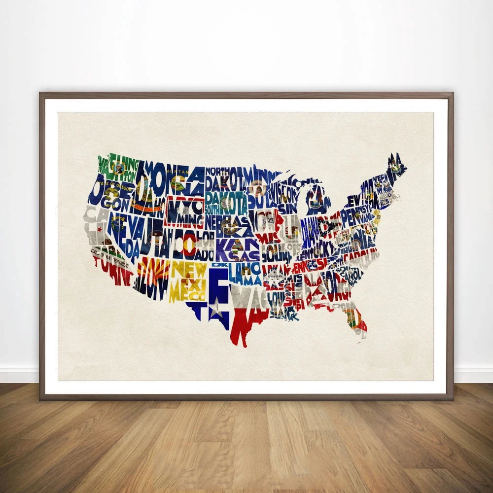 United States Typography Map with Flags of Wall Art Paint Decor Canvas Prints Poster Oil Paintings No Frame | Дом и сад