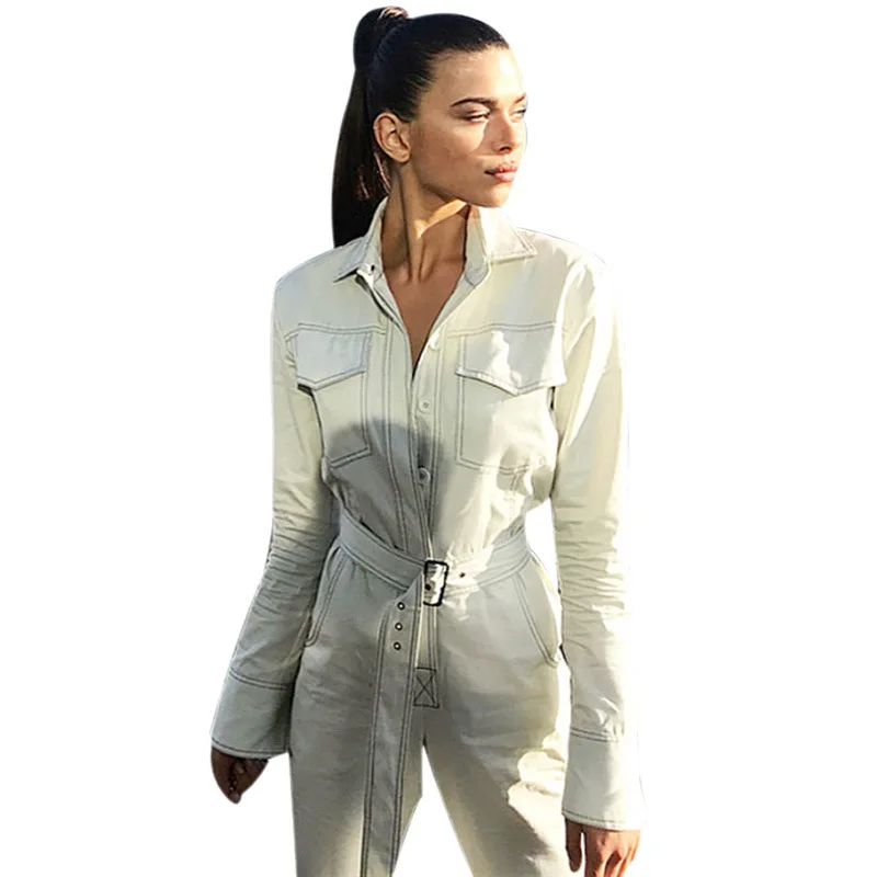 2018 Autumn Winter Women Denim Jumpsuits Fashion One Piece Jeans Rompers Slim Solid Ankle Length Pants With Belts Formal Pants