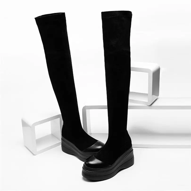 Женские черные растягивающиеся ботфорты из натуральной кожи на высоком каблуке; облегающие кроссовки в стиле панк, готика; туфли-лодочки на платформе