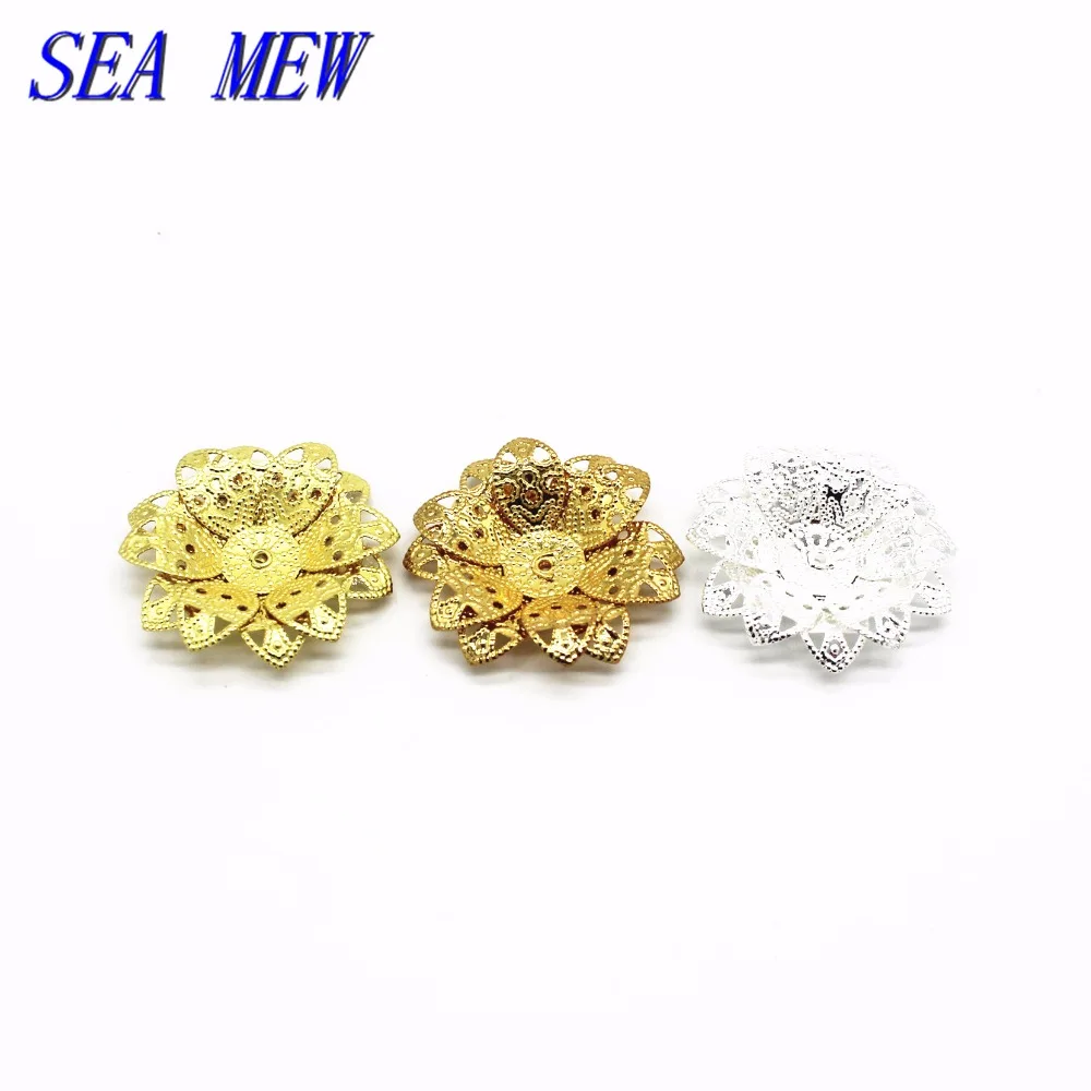 SEA MEW 27mm Metal Copper Flowers Bead Caps Base Setting 3 Colors Filigree Flowers Tray Connectors For Jewelry Making Jewelry Findings