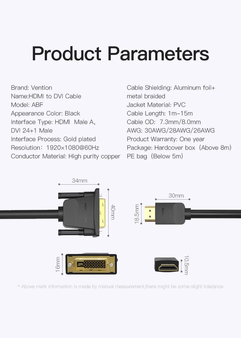 Vention Кабель HDMI-DVI м, 1 м, 2 м, 3 м, 5 м DVI-D DVI 24+ 1 Pin Поддержка 1080P 3D высокое Скорость HDMI кабель для ЖК-дисплей DVD HDTV xbox проектор PS3