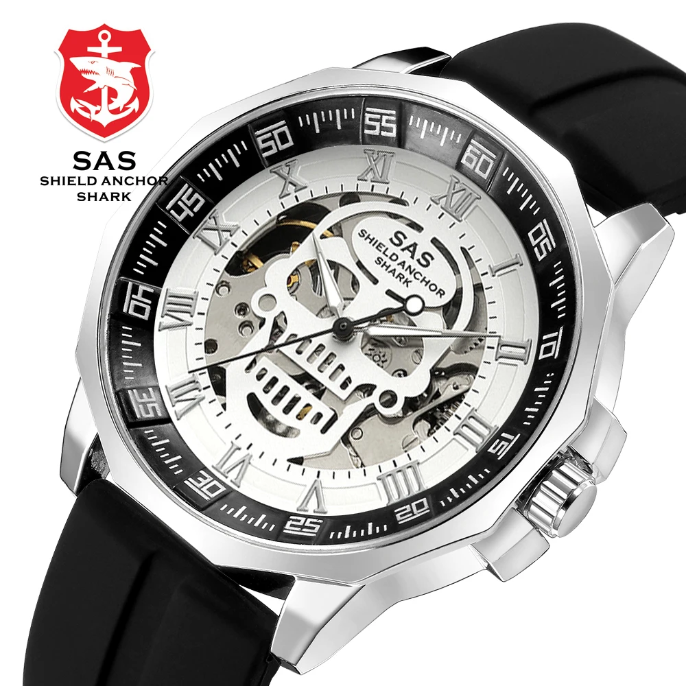 

Men Fashion Watches Hand-Wind Mechanical Watch Skeleton Casual Watches High Quality Skull Mechanical Wrist watches SHARK -#801