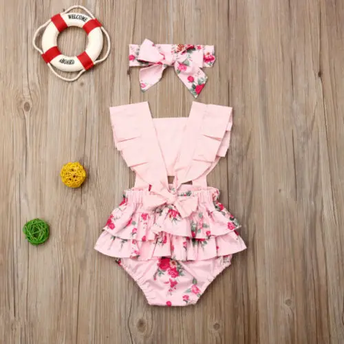 Baby Girl Clothes Newborn Baby Girl Cotton Floral Sleeveless Bodysuits Headband Summer Sleeveless Outfits 2pcs