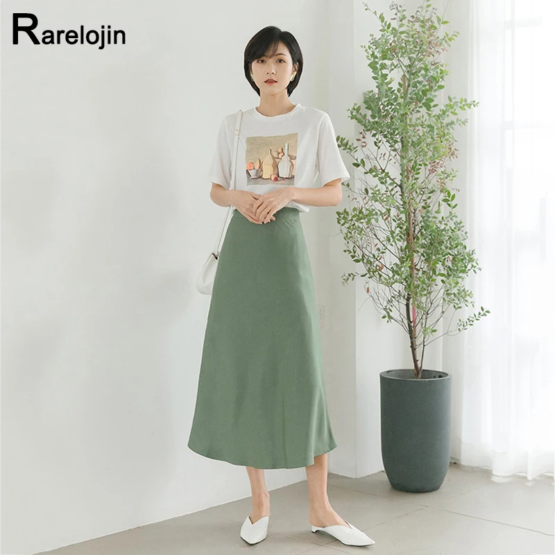 

Spring and summer skirt 2019 Korea new high waist simple wild A word slim satin midi skirt women's clothes