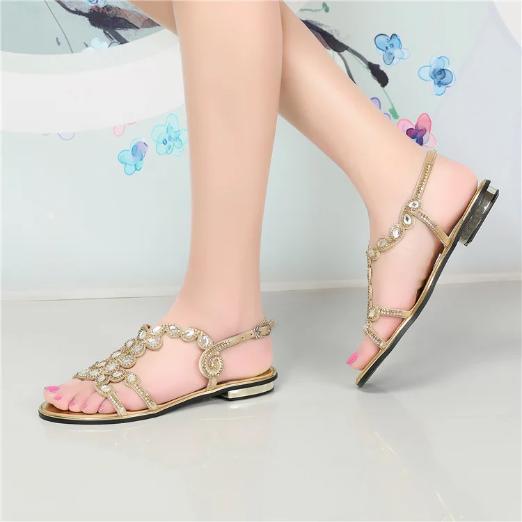 G-sparrow 2018 Summer Elegant Rhinestones Large Size Shoes Belt Buckles Casual Diamond Thick Heel Sandals Gold Silver Black3