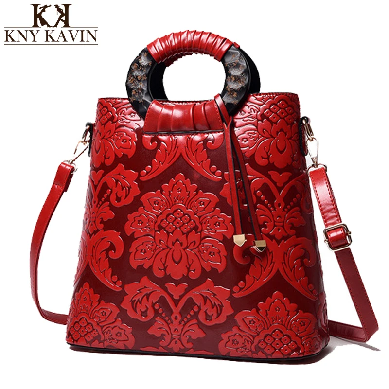 

KNY KAVIN Women Embossed Handbag Luxury Flowers Bucket Bag Large Tote Bag Red National Floral Pattern Shoulder Messenger Bags