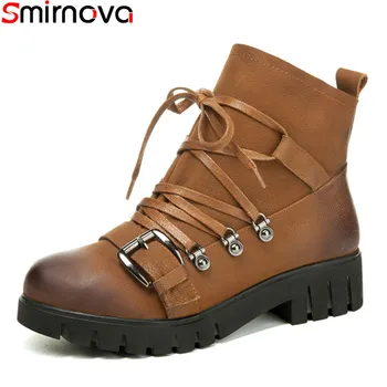 

Smirnova 2018 new arrival boots women round toe cross tied genuine leather ankle boots lace up flat casual shoes big SIZE 34-41
