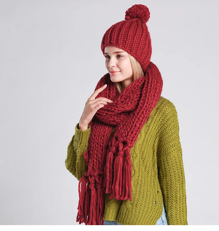 Зимний Теплый женский шарф+ шапка, комплект из двух предметов, ручная работа, высокое качество, Рождественская одежда, пончо, модная женская вязаная шапка, шарф, костюм