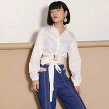 2017 Women Personality O-ring Crossing Ribbons Short Design Blouse Trendy Cotton Shirt Top