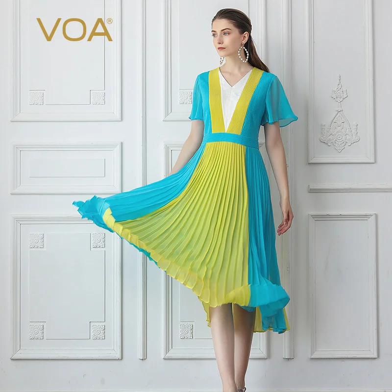 VOA Zijde Georgette Zoete Kawaii Vrouwen Jurken Luxe Elegante Geplooide Jurk V-hals Licht Blauw Geel Patchwork Zomer A10006
