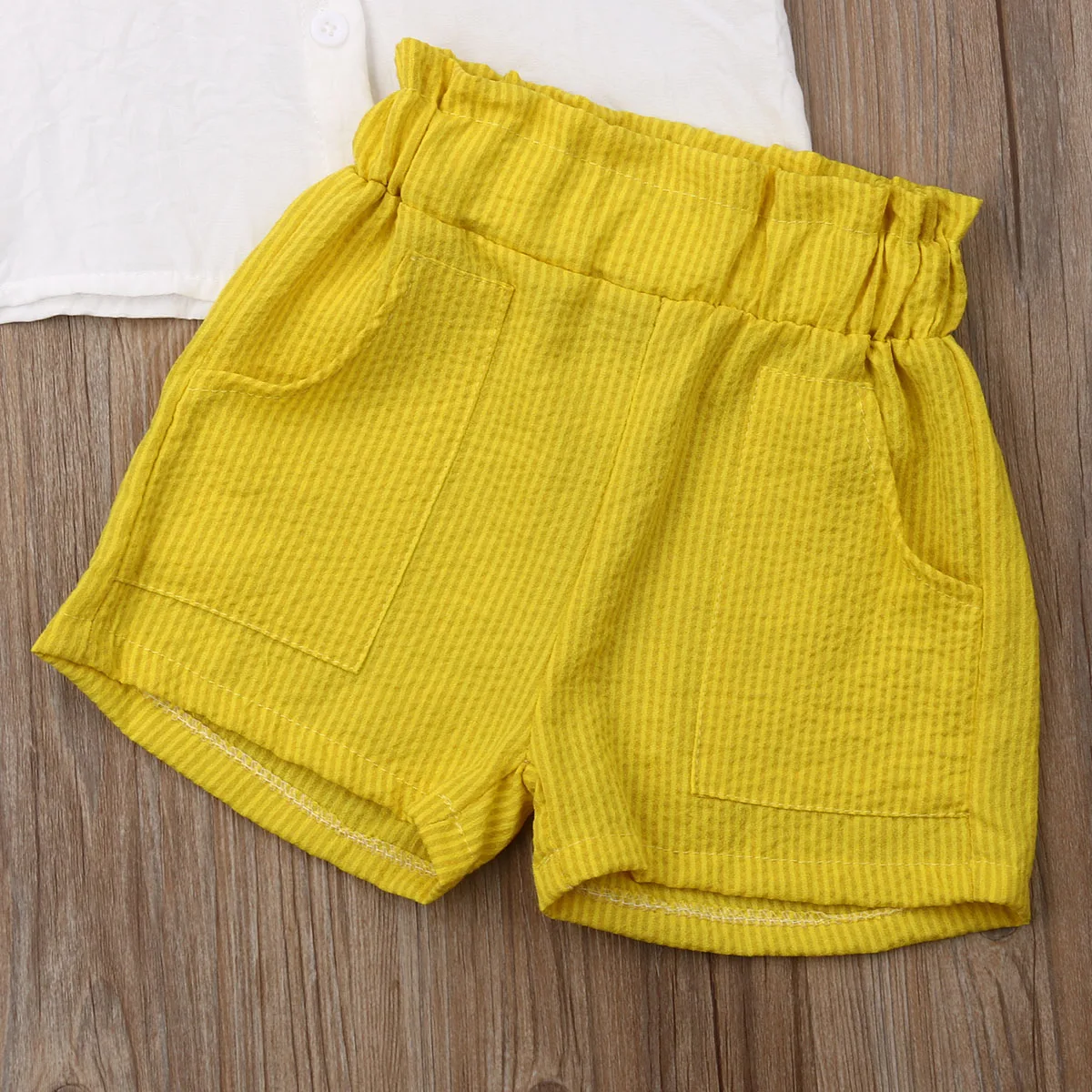 Toddler Baby Girls Outfits Off-Shoulder Button Up Strappy Shirt + Front Pockets Yellow Shorts Infant Clothe Sets 3-8T Toddler Baby Girls Outfits Off-Shoulder Button Up Strappy Shirt + Front Pockets Yellow Shorts Infant Clothe Sets 3-8T