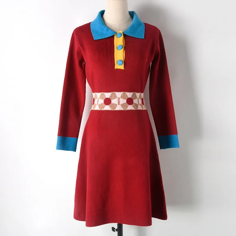 

2018 Winter Contrast Floral Sweater Dress Women Vintage Plus Size Bodycon Dresses Knitted Midi Jurken Ropa Mujer Red Elbise Lady