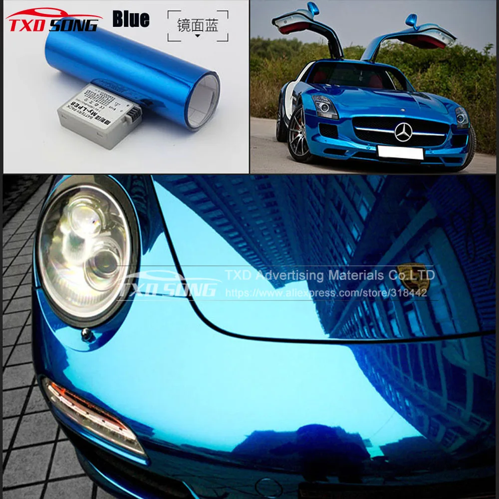 

50*152CM/Lot High Glossy Waterproof UV Protected Blue Chrome Mirror Vinyl Wrap Sheet Roll Film Car Sticker Decal Sheet