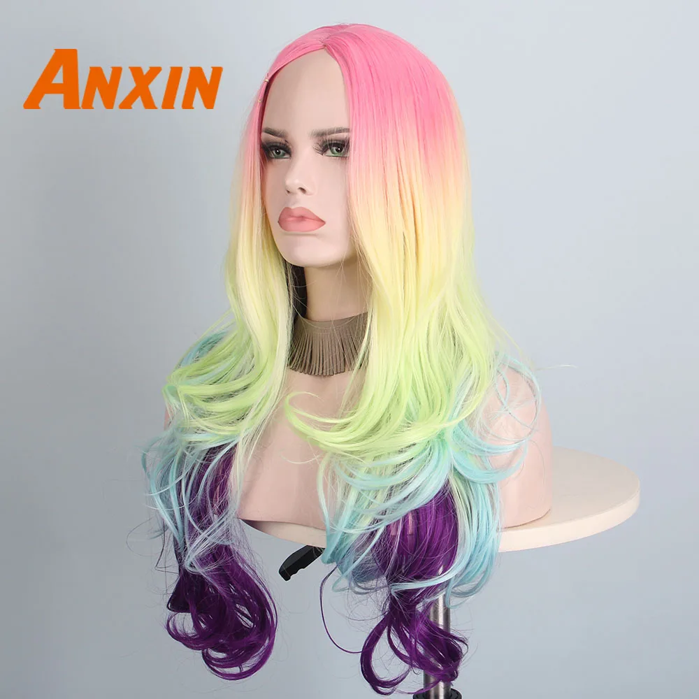 Anxin длинный волнистый парик цвета радуги для девочек косплей аниме Хэллоуин синтетический парик - Цвет: dark purple
