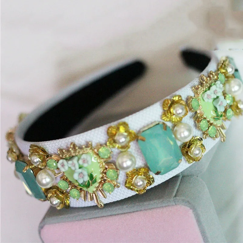 

2017 New Baroque Vintage Crown Green Heart Golden Leaves Hairbands Wide White Ceramic Flower Headbands Hair Jewelry Bridal Tiara