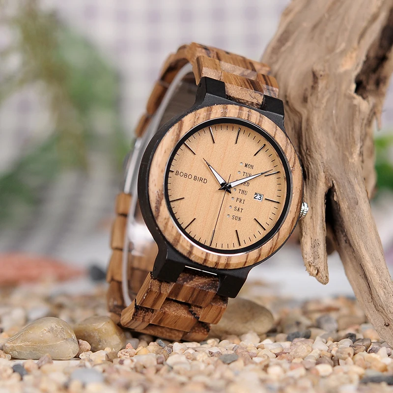 BOBO BIRD O26-1 Zebra Wood Army Military Watches for Men's Quartz Date wristwatch With Week Display In Gift Box Ship from Spain