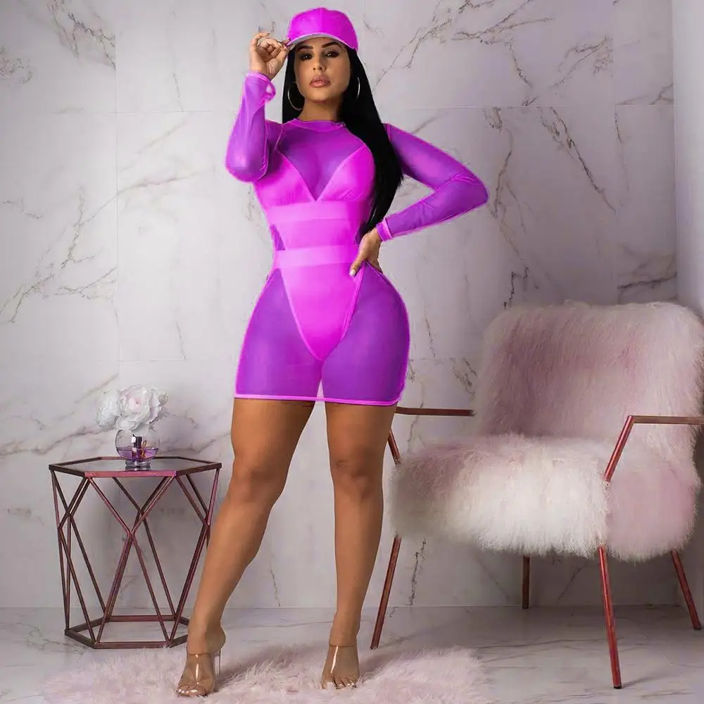 

BKLD Women Summer Neon Orange Two Pieces Sets Long Sleeve Mesh Cover Up Dress And Bodysuit Sexy Beach Plus Size Two Pieces Sets