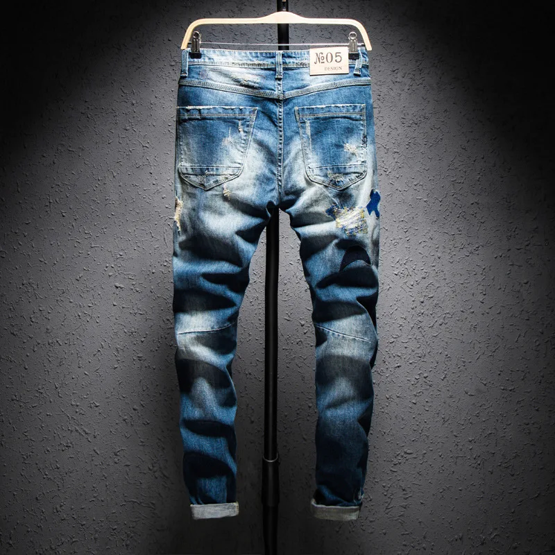 Мужские цветные рваные джинсы в стиле пэтчворк, модные Стрейчевые джинсовые штаны с вышивкой, узкие прямые брюки