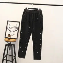 Для женщин джинсы плюс Размеры 3XL Для женщин джинсы жемчуг Бисер эластичный пояс Для женщин джинсы 4XL большой Размеры брюки Femal брюки