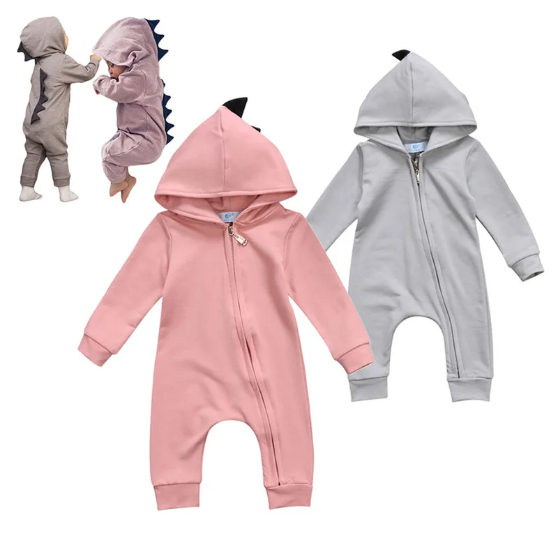 

2019 Baby Boy Girls 3D Dinosaur Costume Solid pink gray zipper Romper warm spring autumn cotton romper Playsuit Overalls Clothes