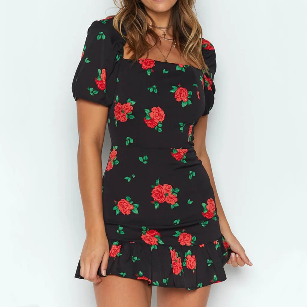 Rose Skull Print Summer Short Sleeve Bodycon Womens Dresses Ladies Mini Dress UK