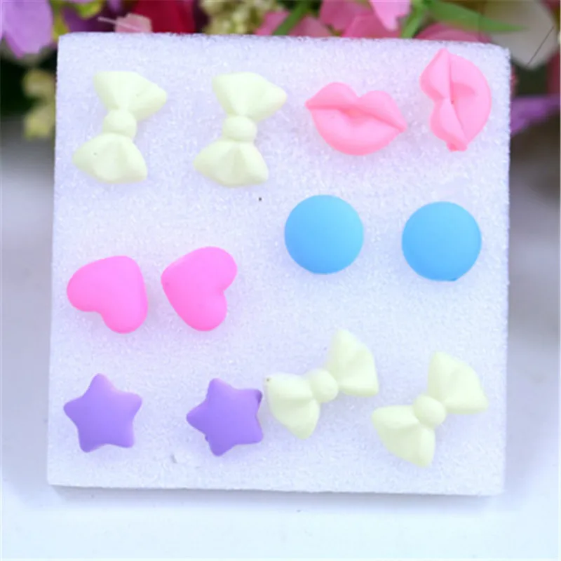 

6 Pairs/Set Women Candy Colors Hot Lovely Charm Bowknot Lips Moustache Rubber Matte Women Stud Earrings Gift