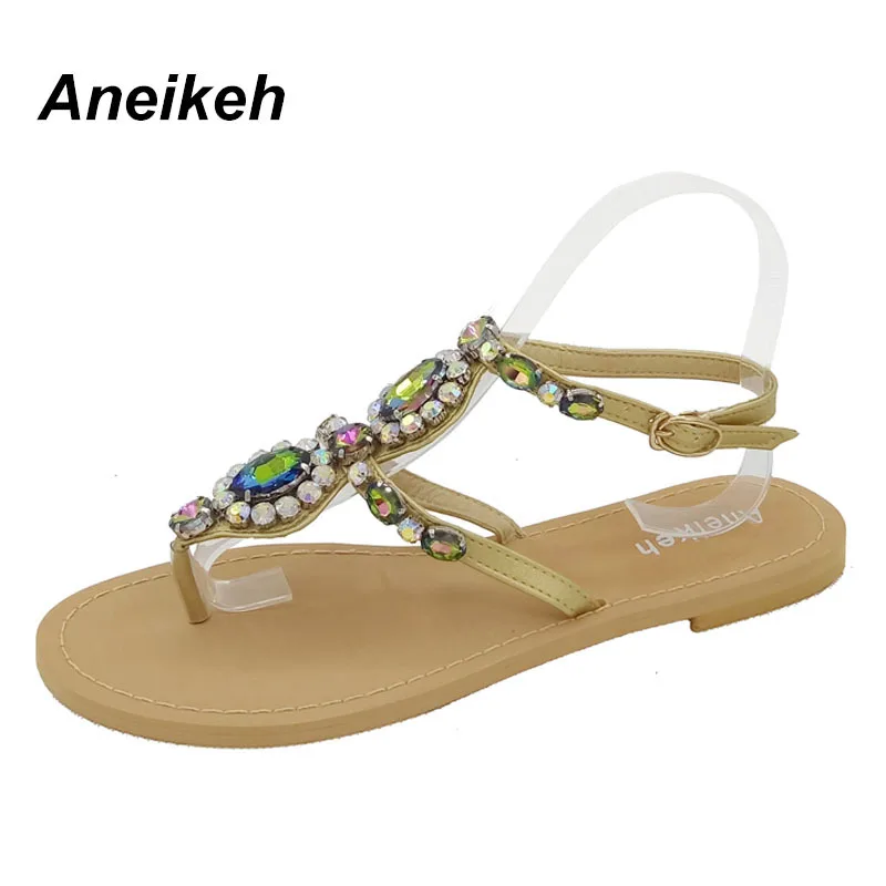 

Diamond Bohemian National Rhinestone Fashion Flat Shoes Women Sandals Large Size Casual Shoes Summers Sandals A218-1# Apricot