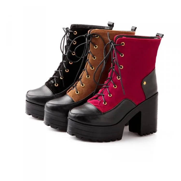 Najtaniej GOXPACER jesień buty damskie botki wysokie buty na obcasie kobiety buty casual Martin buty mieszane kolor platformy Patchwork sznurowanie