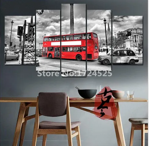 5 piece london street red bus canvas painting modern home decor wall