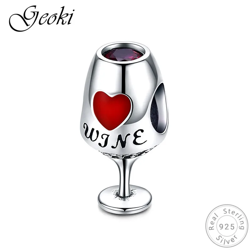 

Geoki 925 Sterling Silver Red Heart Paved Wine Cup Charms fit Pandora Bracelet Original S925 Cute Letter Glass Necklace Beads
