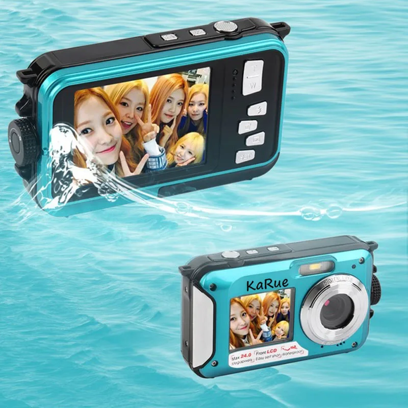 

KaRue Hot Digital Camera 3M Waterproof Camera 2.7 Inch +1.8 Inch Double Screen Max 24MP 16XDigital Zoom Blue color Camcorder