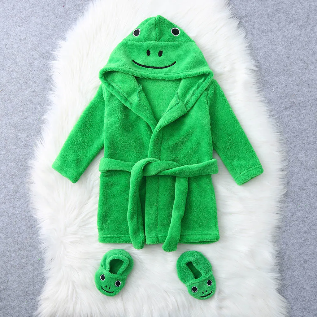 Infant Boys Girls Cartoon Flannel Bathrobes Hoodie Sleepwear+Footwear Outfits