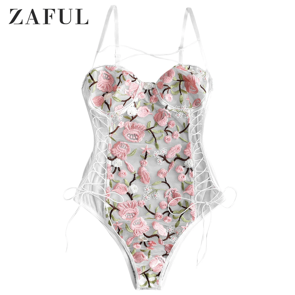 ZAFUL сексуальные женские боди с цветочной вышивкой, на шнуровке, комбинезон на бретельках, летние комбинезоны, облегающие Кружевные Боди, одежда - Цвет: Multi a