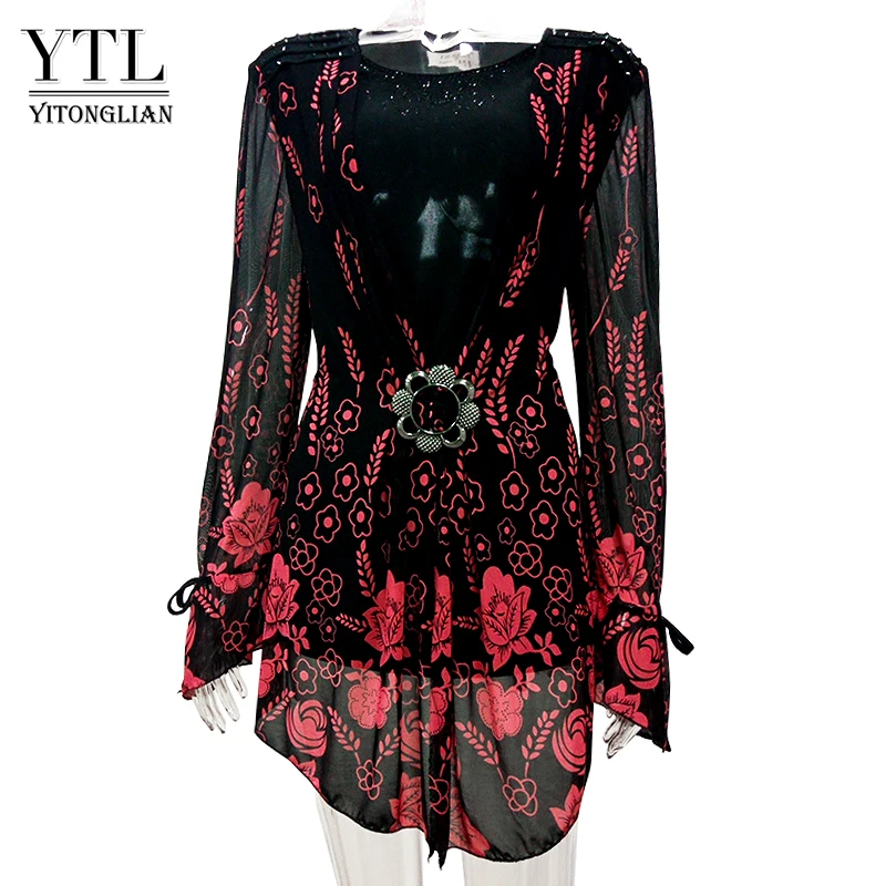 Yitonglian размера плюс женская одежда Feminino Элегантный цветочный принт с расклешенными рукавами Ruch Туника большие Топы блузка рубашка 5XL 6XL 7XL H010