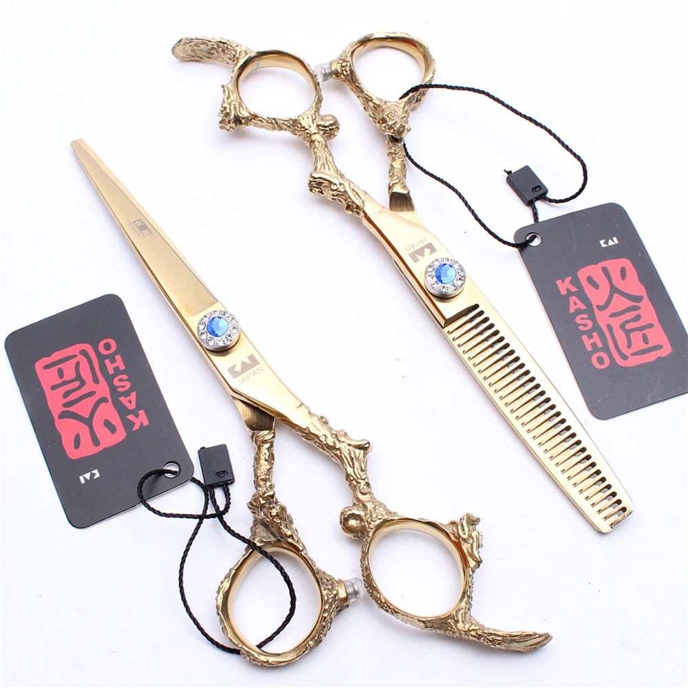 

5.5" 16cm 440C Kasho Golden Hairdressing Supplies Cutting Shears Thinning Scissors Professional Hair Scissors Barber Makas H9005