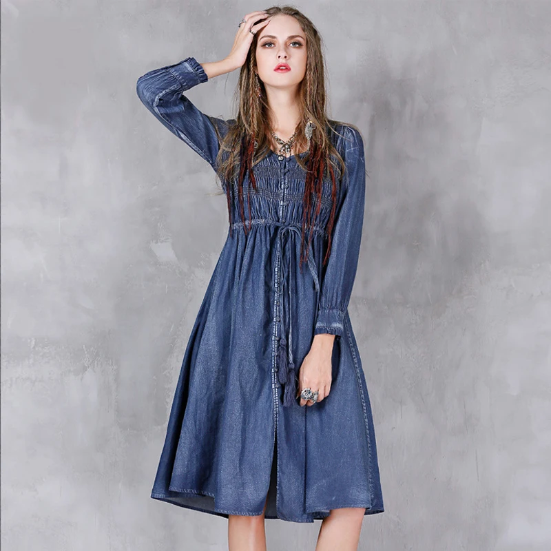 Women Vintage Dresses 2017 New Autumn Denim Dress Long Sleeve O neck ...