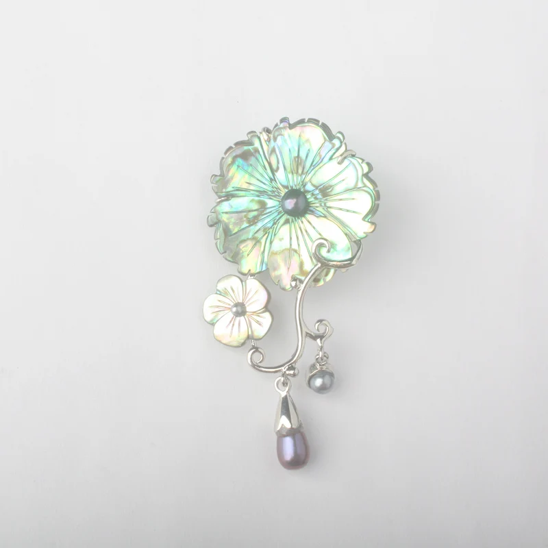 

New Natural White Pink Abalone Shell & Drop-shaped Pearl Flower Pendant & Brooch 1PCS