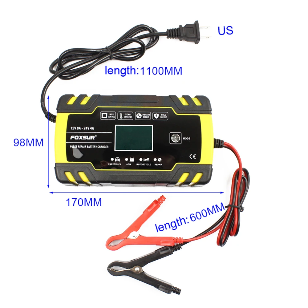 Полностью автоматическая машина для автомобиля Батарея Зарядное устройство 12V 8A 24V 4A смарт-устройство для быстрой зарядки для AGM гель мокрый свинцово-кислотный Батарея Зарядное устройство ЖК-дисплей Дисплей - Цвет: US Plug