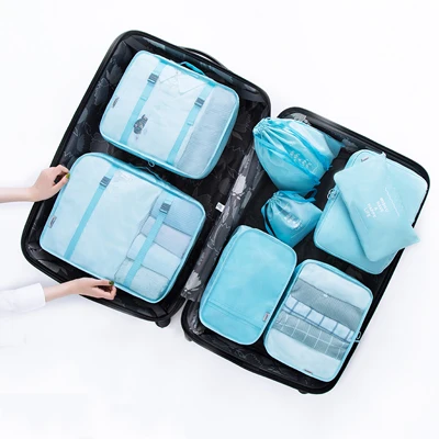 8 шт./компл. для ручной клади Для женщин большие сумки для путешествий Чемодан классифицированы Упаковка Кубики проветрить полиэстер+ сетка Женская одежда макияжные пакеты - Цвет: blue