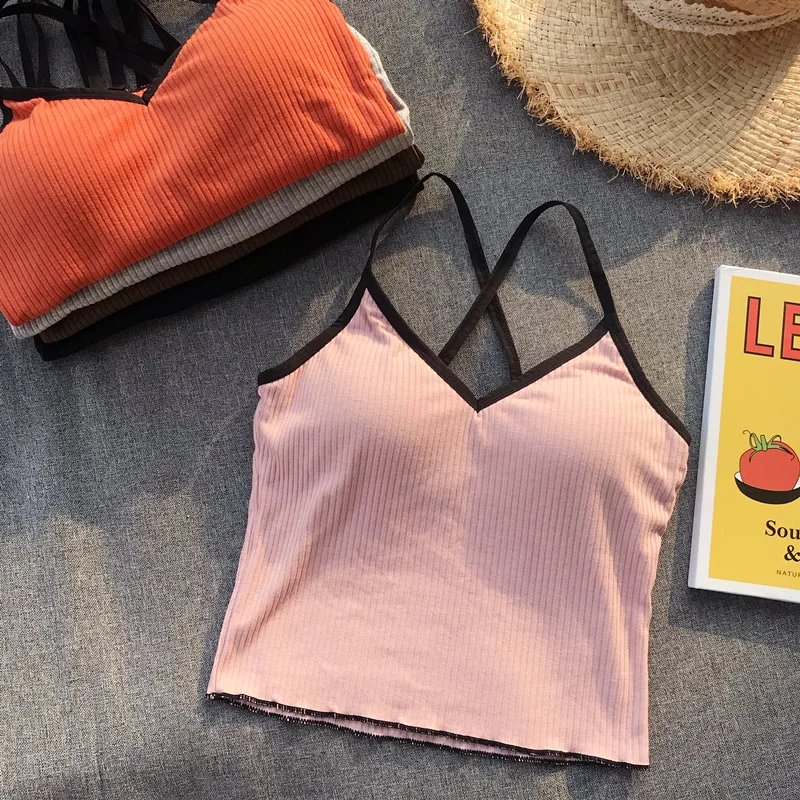 Girls Crossed Straps Short Camis Tops With Seperated Bra Women Padding Tanks Crop Tops For Female