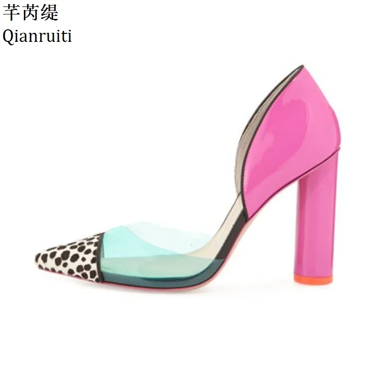 

Qianruiti Patchwork Horse Hair High Heels Shoes Transparent PVC Block Heels Women Shoes Patent Leather Pointed Toe Women Pumps