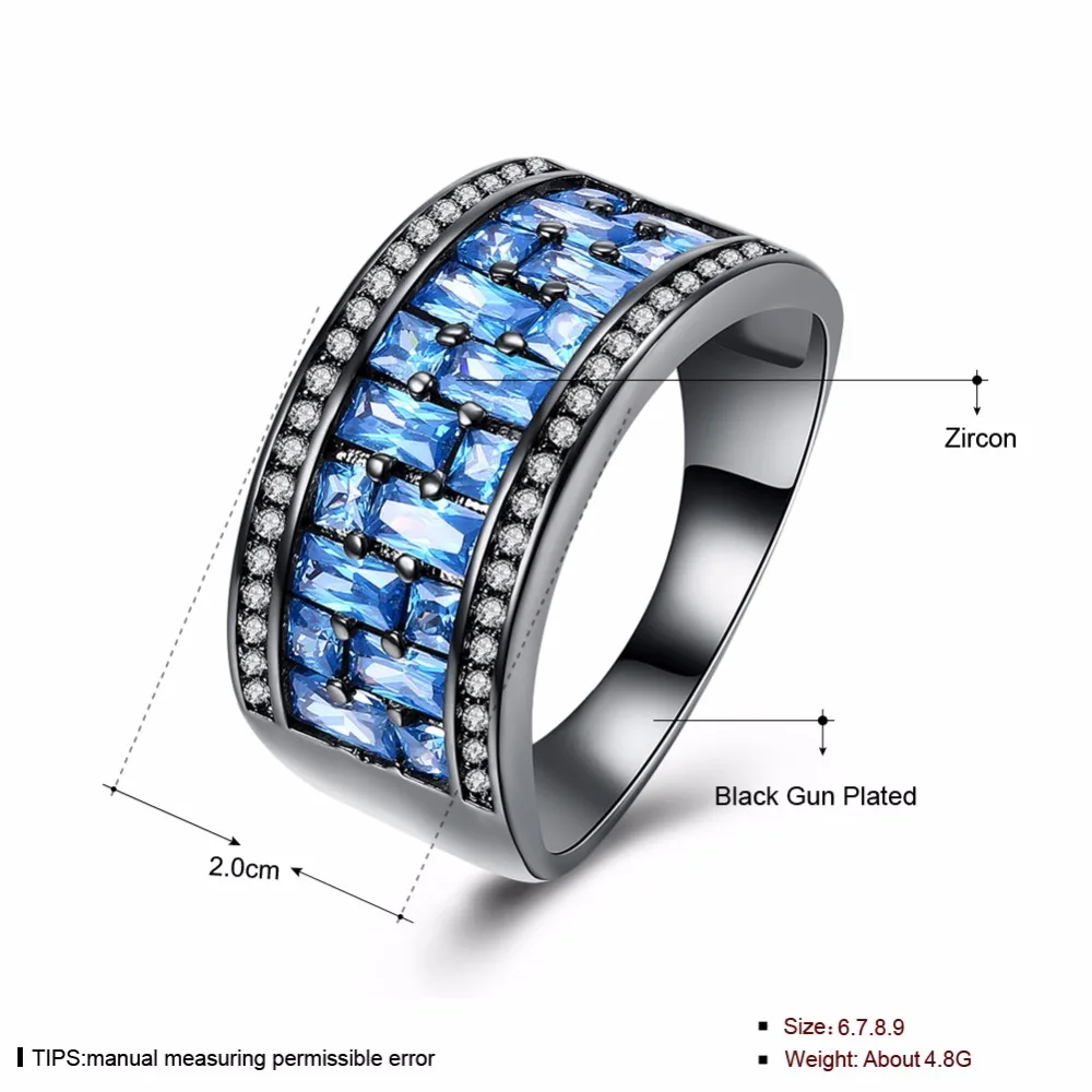Luxurious Square Blue Cubic Zirconia Party Ring Accessorise Black Gun Color Rings For Womens Fashion Jewelry (JewelOra RI103314)