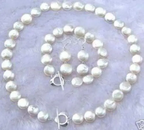 

FREE shipping>>>>>>11-12MM White Coin Pearl Necklace Bracelet Earring Set