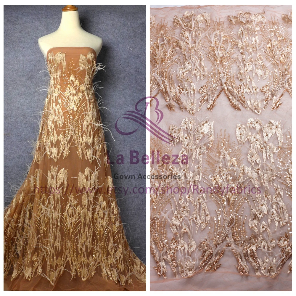 

Beige on skin background fashion style Paris weekend show handmade feather beaded wedding/evening dress lace fabric 60-120cm wd