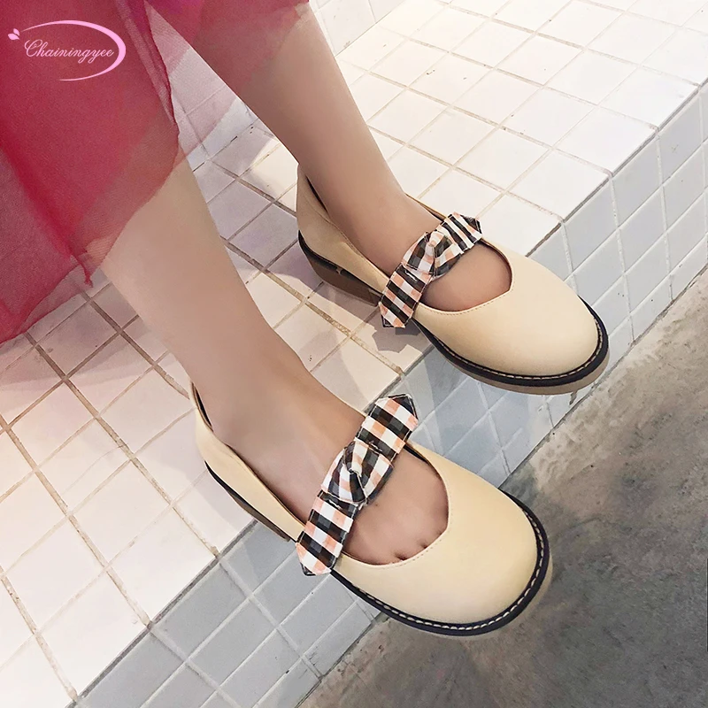 

Korean casual style comfortable round toe pumps fashion color matching striped bow beige pink thick low with women's shoes