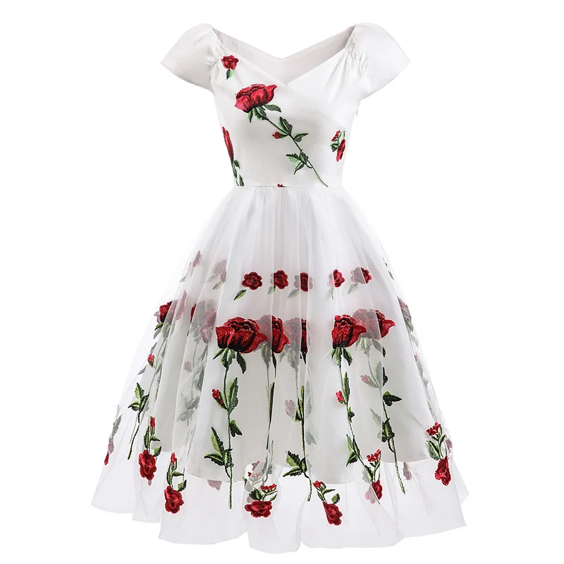 

Floral Embroidered Off Shoulder A-line Party Dress Sheer Mesh Patchwork V-neck High Waist Female Vintage Rave Midi Dress Vestido