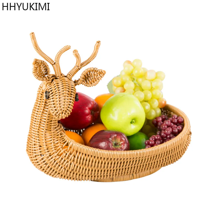 

HHYUKIMI Household Handmade Storage Basket,Brown Deer Shape Straw Braid Rattan Basket Fruits Storages Organizer