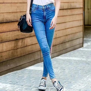 

2018 Ankle-Length High Waist Jeans Woman Fashion Side Striped Patchwork Skinny Jeans All Matched Casual Pencil Pants Brief Slim